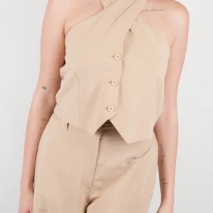 Tensione in - Gilet con scollo ad incrocio in misto lino