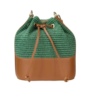 Borsa secchiello in rafia e pelle con chiusura coulisse