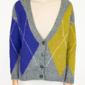 Dixie - Cardigan fantasia rombi a contrasto in misto lana
