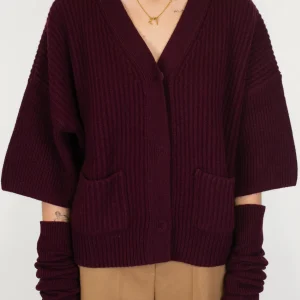 Tensione in - Cardigan scollo a V a coste in pura lana con manicotti