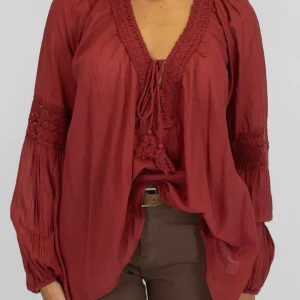 Dixie - Camicia in mussola di cotone scollo V con nappine e crochet