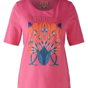 T-shirt rosa stampa Tropical con strass