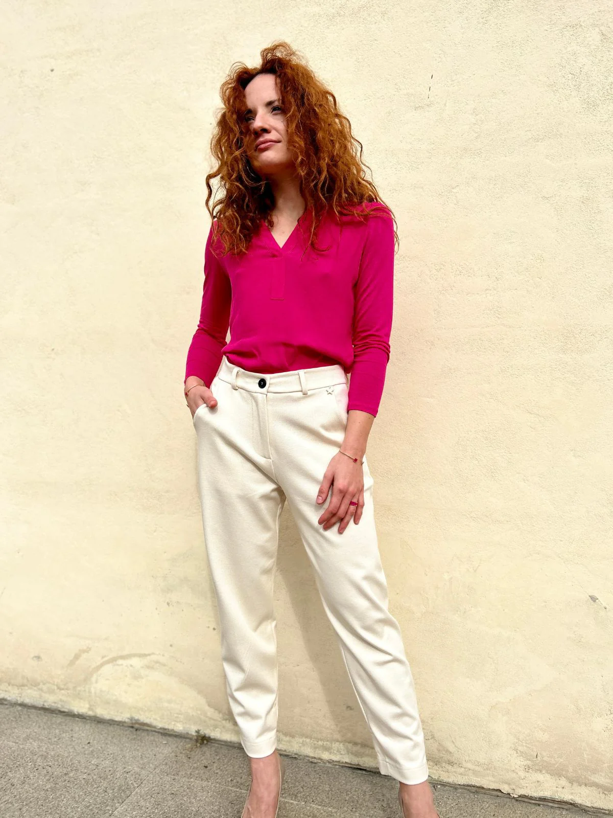 Pantalone in drill di viscosa color panna - immagine 3