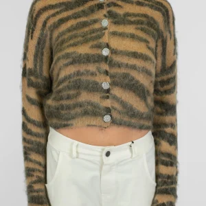 Tensione in - Cardigan girocollo fantasia animalier zebrata in misto lana mohair con bottoni gioiello