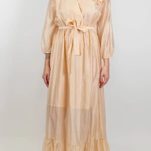 Tensione in - Abito lungo in tencel con scollo a V, spilla fiore e balza sul fondo