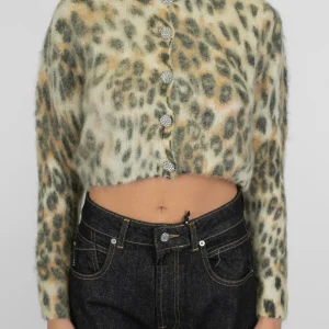 Tensione in - Cardigan girocollo fantasia animalier maculato in misto lana mohair con bottoni gioiello