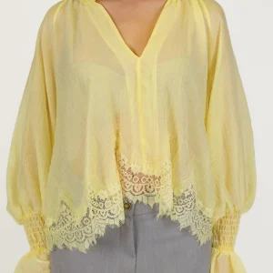 Tensione in - Camicia scollo a V in lyocell con manica a campana e fondo in pizzo