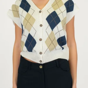 Tensione in - Gilet mezza manica in maglia fantasia rombi a contrasto