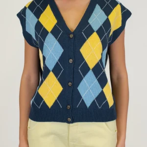 Tensione in - Gilet mezza manica in maglia fantasia rombi a contrasto