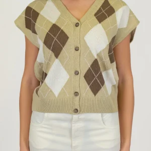 Tensione in - Gilet mezza manica in maglia fantasia rombi a contrasto