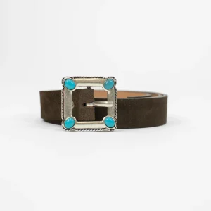 Haveone - Cintura in pelle scamosciata con fibbia quadrata in acciaio con decorazione pietre