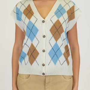 Tensione in - Gilet mezza manica in maglia fantasia rombi a contrasto