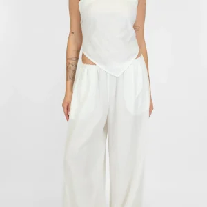 Tensione in - Coordinato in misto lino con allaccio sul retro e pantalone palazzo con elastico in vita