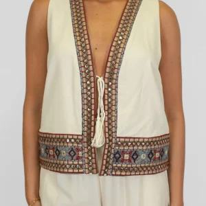 Motel - Gilet in misto lino con profilo tramato e chiusura con lacci